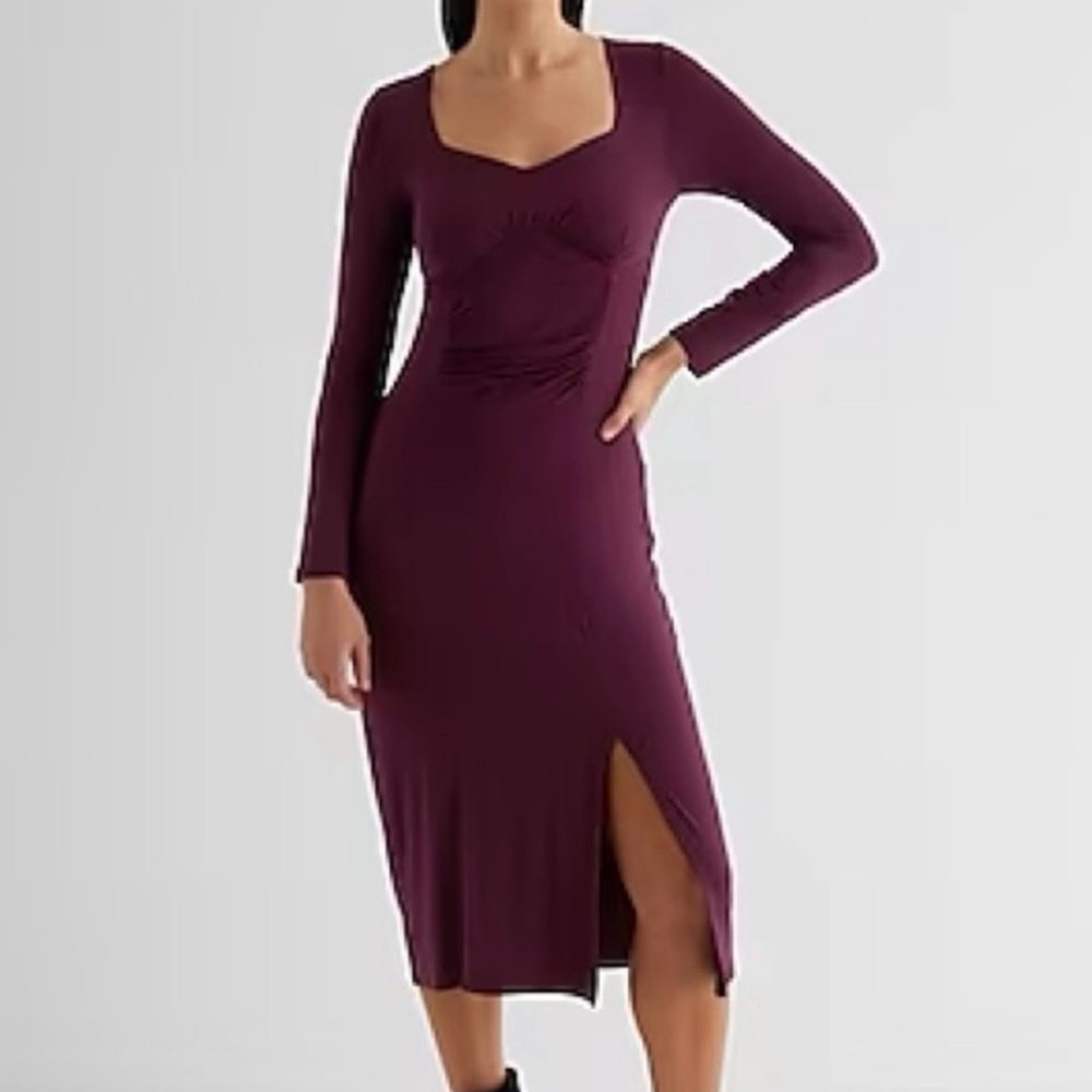 Express Long Sleeve Ruched Side Slit Midi Dress Size XL Wine Purple Q2